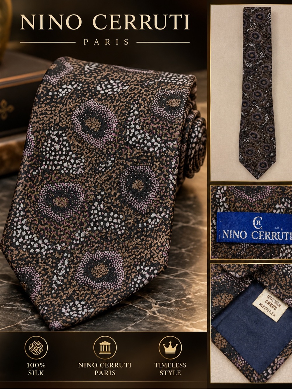 Nino Cerruti Black & Brown Floral Silk Tie
